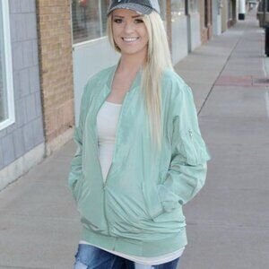 Light Sage Green Silky Bomber Jacket Zipper Pocket